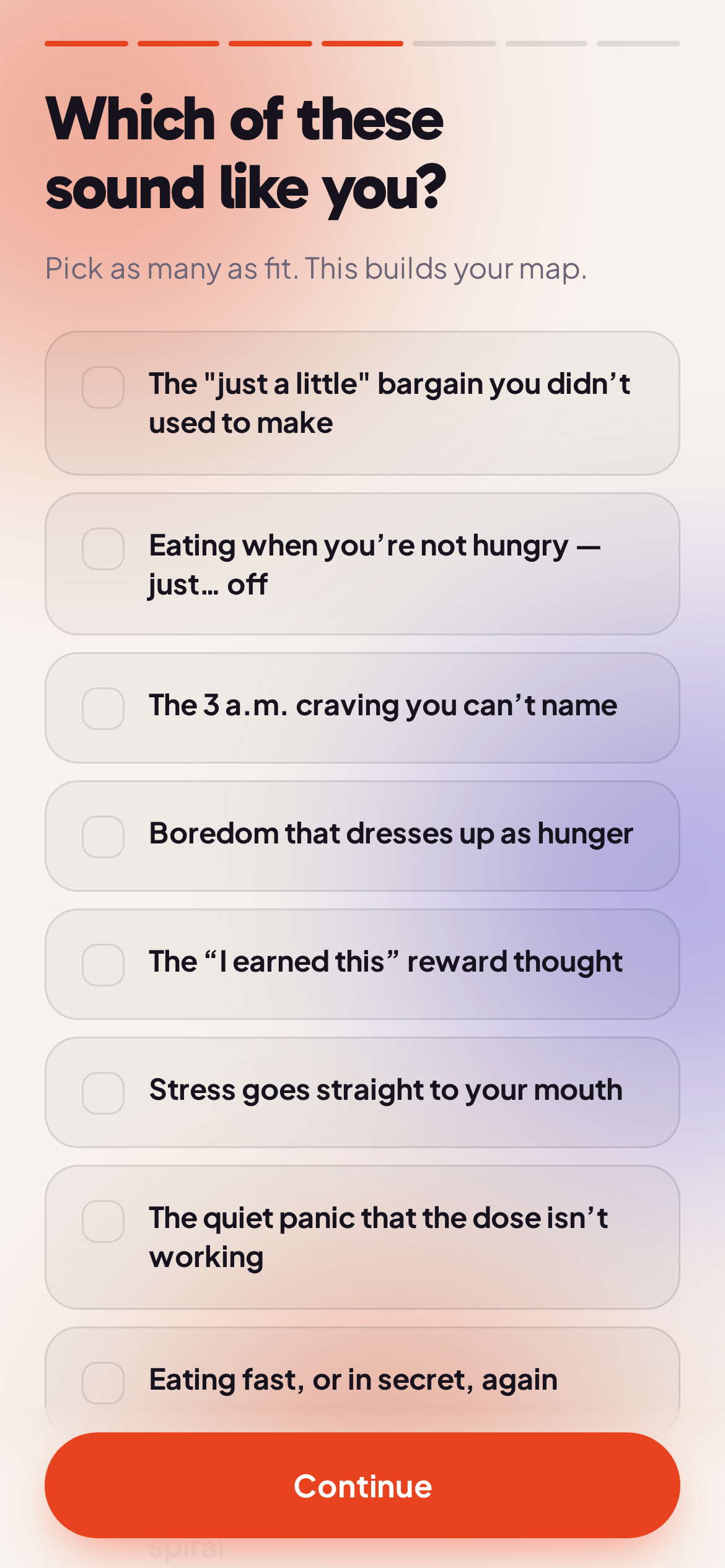 The staya screen “Which of these sound like you?” listing the nine signs with checkboxes to pick from.